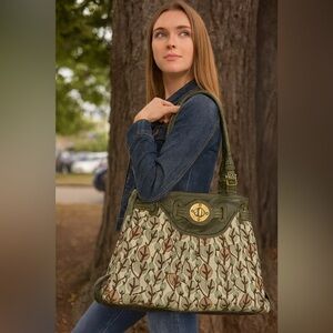 RARE Beautiful Lockheart By Brighton Green Leather Beaded Tote Bag